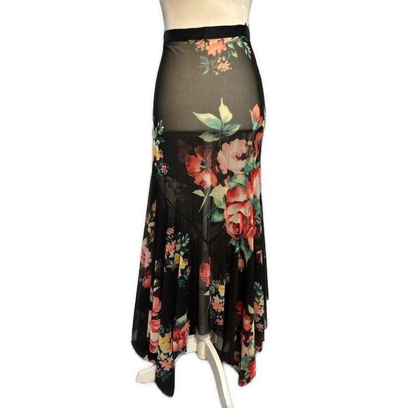 Little Pieces Black Red Yellow Green Floral Sheer Maxi Skirt Small Medium - Picture 1 of 4
